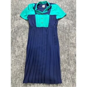 Vintage Leslie Fay Colorblock Dress Blue Green Pleated Midi 18 80s 90s Secretary